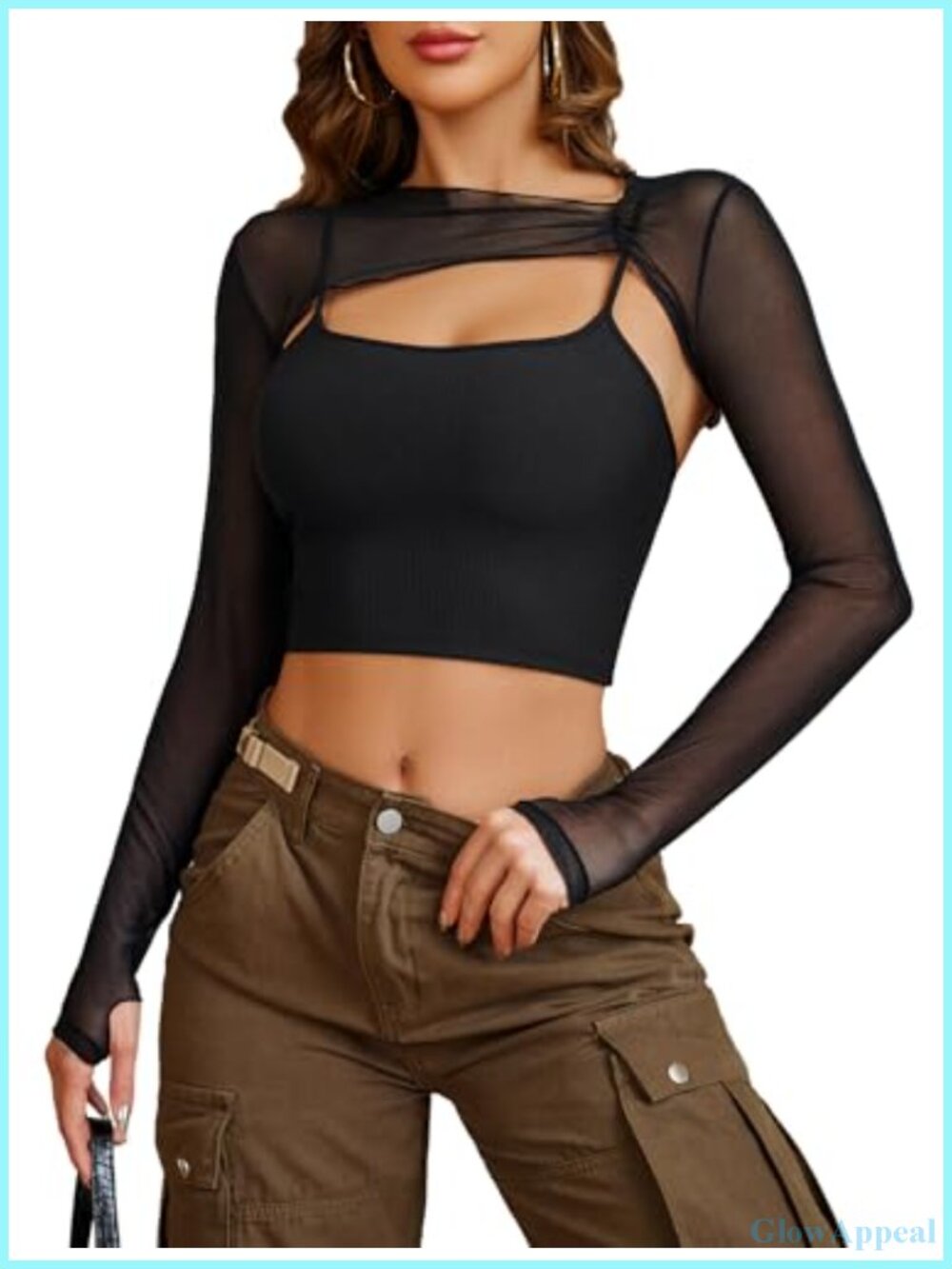 Sheer Mesh Shrug Cover Up Thumb Hole & Cami Top 2 Piece Set Crop Clubwear